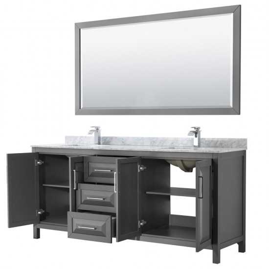 80 Inch Double Bathroom Vanity in Dark Gray, White Carrara Marble Countertop, Sinks, 70 Inch Mirror