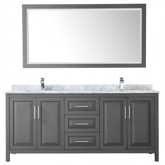 80 Inch Double Bathroom Vanity in Dark Gray, White Carrara Marble Countertop, Sinks, 70 Inch Mirror