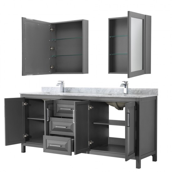 80 Inch Double Bathroom Vanity in Dark Gray, White Carrara Marble Countertop, Sinks, Medicine Cabinets