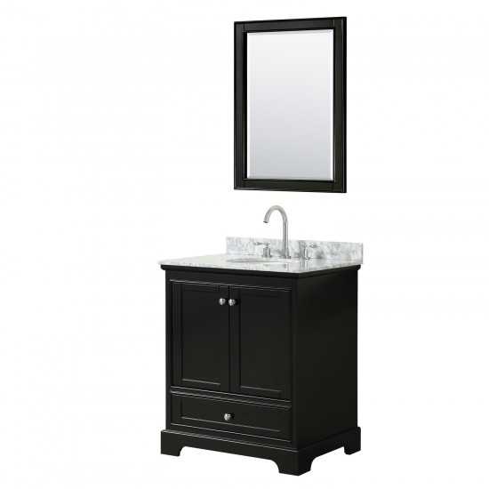 30 Inch Single Bathroom Vanity in Dark Espresso, White Carrara Marble Countertop, Oval Sink, 24 Inch Mirror