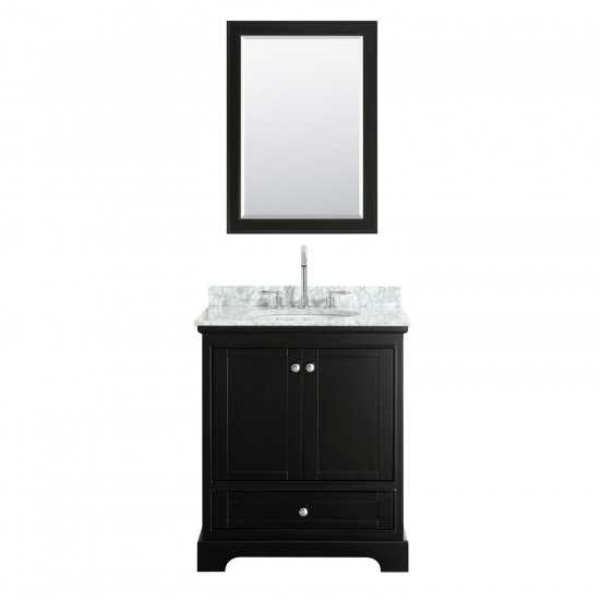 30 Inch Single Bathroom Vanity in Dark Espresso, White Carrara Marble Countertop, Oval Sink, 24 Inch Mirror