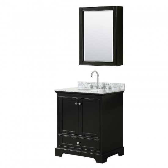 30 Inch Single Bathroom Vanity in Dark Espresso, White Carrara Marble Countertop, Oval Sink, Medicine Cabinet