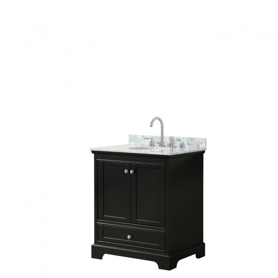 30 Inch Single Bathroom Vanity in Dark Espresso, White Carrara Marble Countertop, Oval Sink, No Mirror