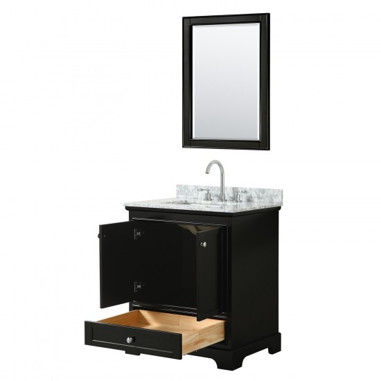 30 Inch Single Bathroom Vanity in Dark Espresso, White Carrara Marble Countertop, Sink, 24 Inch Mirror