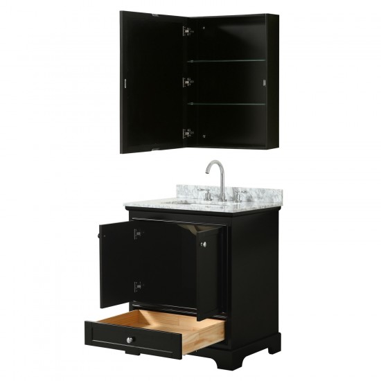 30 Inch Single Bathroom Vanity in Dark Espresso, White Carrara Marble Countertop, Sink, Medicine Cabinet