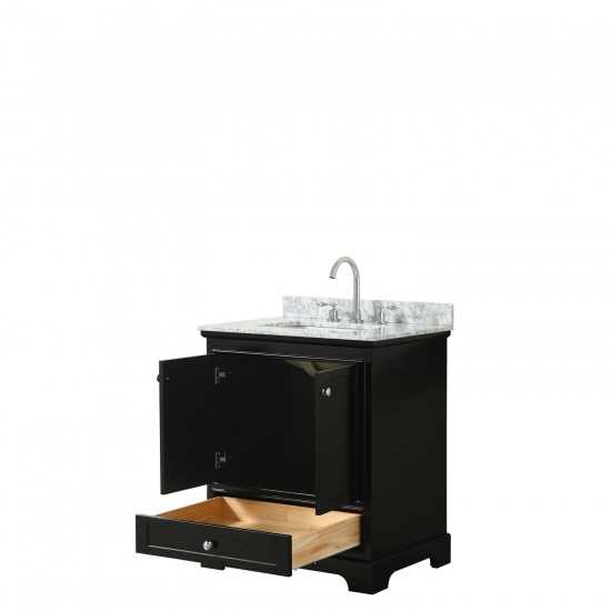 30 Inch Single Bathroom Vanity in Dark Espresso, White Carrara Marble Countertop, Sink, No Mirror