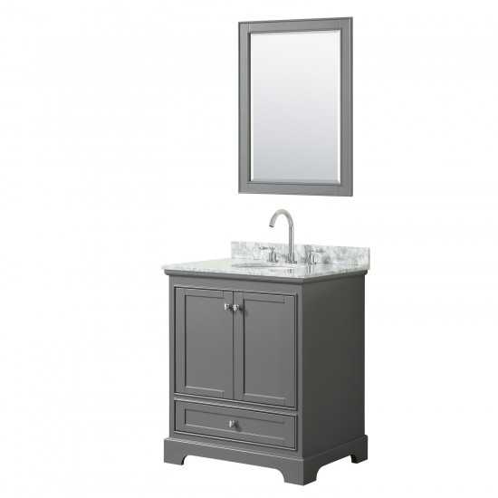 30 Inch Single Bathroom Vanity in Dark Gray, White Carrara Marble Countertop, Oval Sink, 24 Inch Mirror