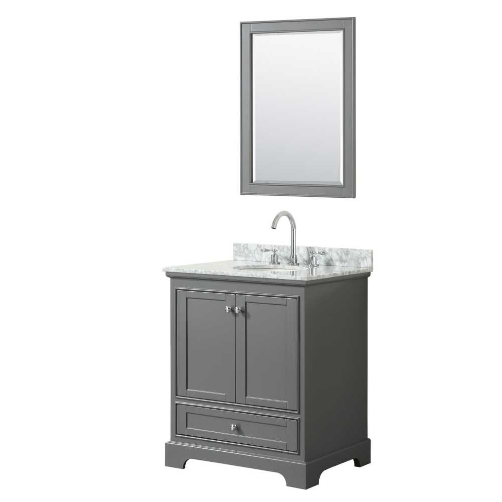 30 Inch Single Bathroom Vanity in Dark Gray, White Carrara Marble Countertop, Oval Sink, 24 Inch Mirror