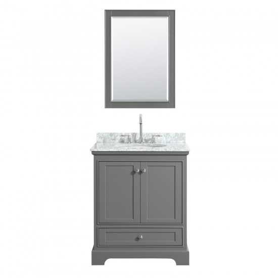 30 Inch Single Bathroom Vanity in Dark Gray, White Carrara Marble Countertop, Oval Sink, 24 Inch Mirror