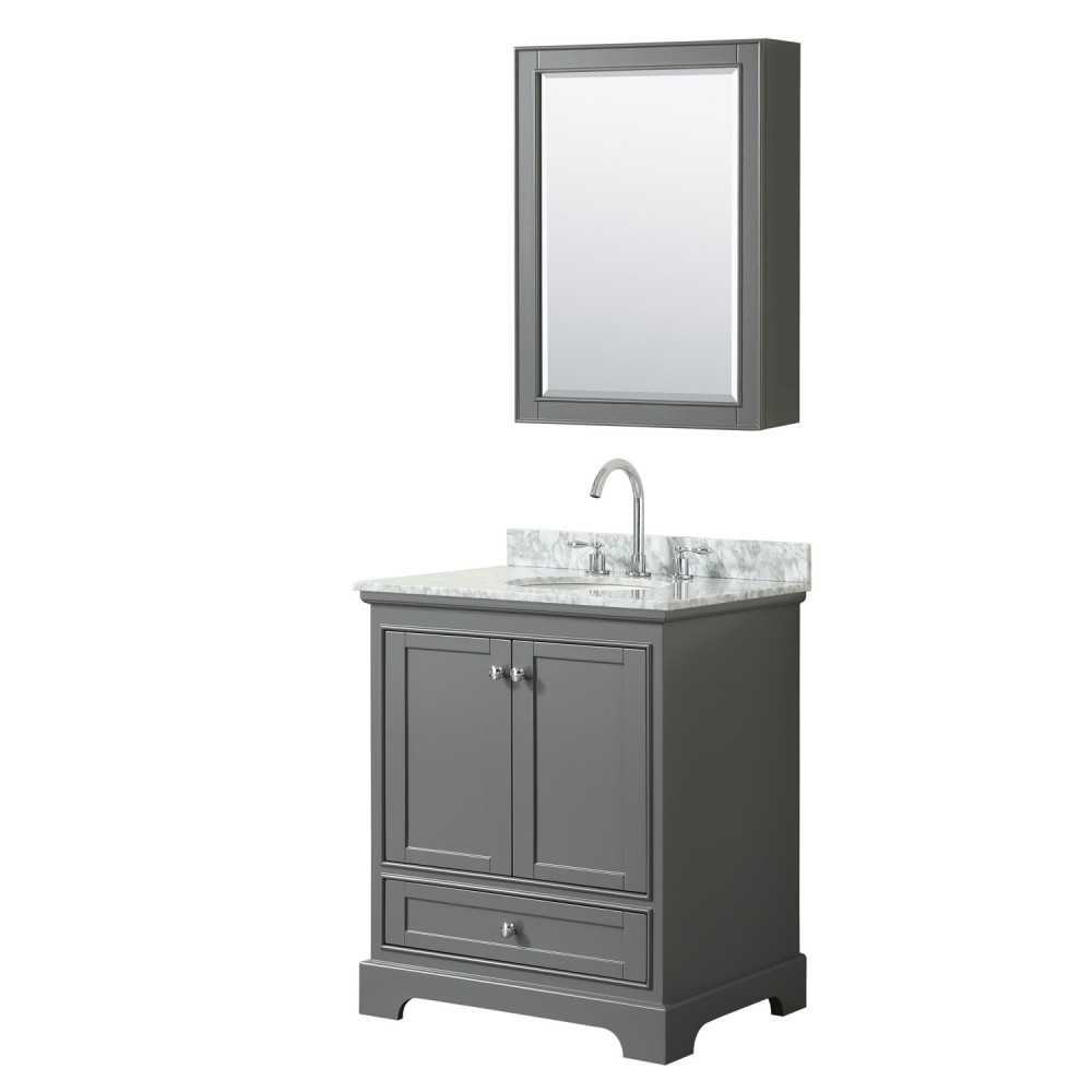 30 Inch Single Bathroom Vanity in Dark Gray, White Carrara Marble Countertop, Oval Sink, Medicine Cabinet