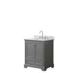 30 Inch Single Bathroom Vanity in Dark Gray, White Carrara Marble Countertop, Oval Sink, No Mirror