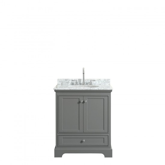 30 Inch Single Bathroom Vanity in Dark Gray, White Carrara Marble Countertop, Oval Sink, No Mirror