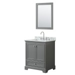 30 Inch Single Bathroom Vanity in Dark Gray, White Carrara Marble Countertop, Sink, 24 Inch Mirror