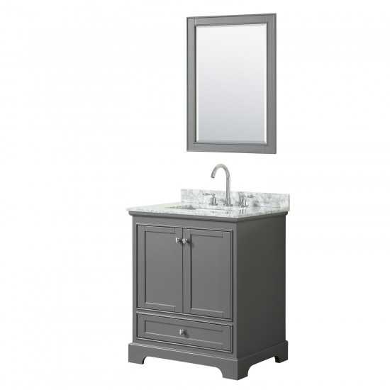 30 Inch Single Bathroom Vanity in Dark Gray, White Carrara Marble Countertop, Sink, 24 Inch Mirror