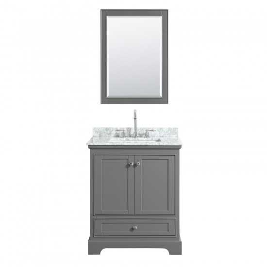 30 Inch Single Bathroom Vanity in Dark Gray, White Carrara Marble Countertop, Sink, 24 Inch Mirror