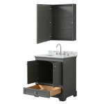 30 Inch Single Bathroom Vanity in Dark Gray, White Carrara Marble Countertop, Sink, Medicine Cabinet