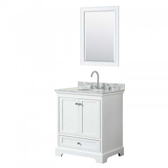 30 Inch Single Bathroom Vanity in White, White Carrara Marble Countertop, Oval Sink, 24 Inch Mirror