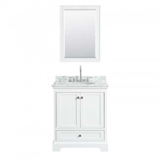 30 Inch Single Bathroom Vanity in White, White Carrara Marble Countertop, Oval Sink, 24 Inch Mirror