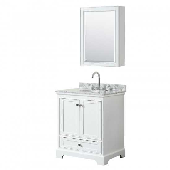 30 Inch Single Bathroom Vanity in White, White Carrara Marble Countertop, Oval Sink, Medicine Cabinet