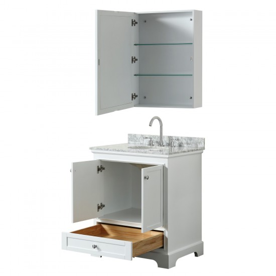 30 Inch Single Bathroom Vanity in White, White Carrara Marble Countertop, Oval Sink, Medicine Cabinet