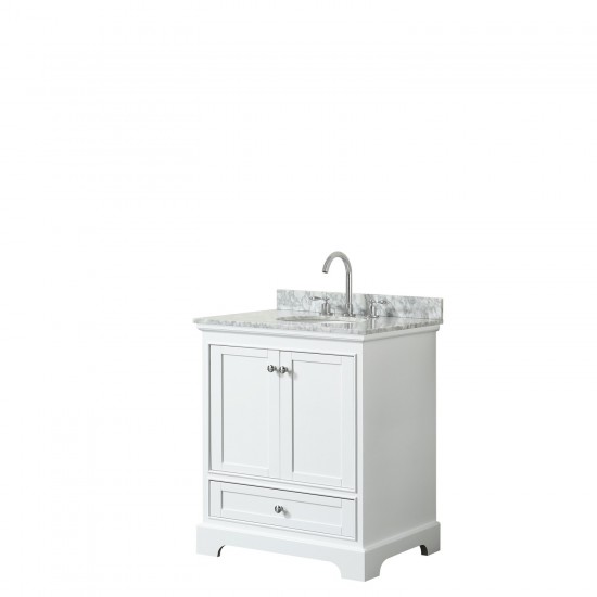 30 Inch Single Bathroom Vanity in White, White Carrara Marble Countertop, Oval Sink, No Mirror