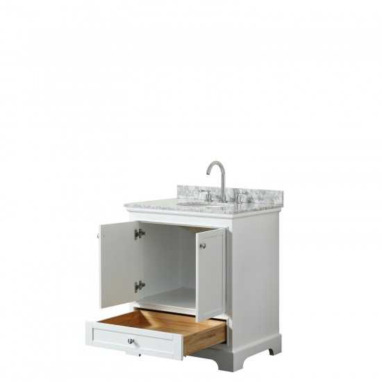 30 Inch Single Bathroom Vanity in White, White Carrara Marble Countertop, Oval Sink, No Mirror