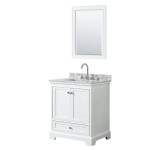 30 Inch Single Bathroom Vanity in White, White Carrara Marble Countertop, Sink, 24 Inch Mirror