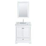 30 Inch Single Bathroom Vanity in White, White Carrara Marble Countertop, Sink, 24 Inch Mirror