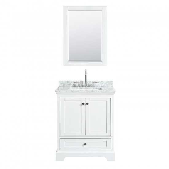 30 Inch Single Bathroom Vanity in White, White Carrara Marble Countertop, Sink, 24 Inch Mirror