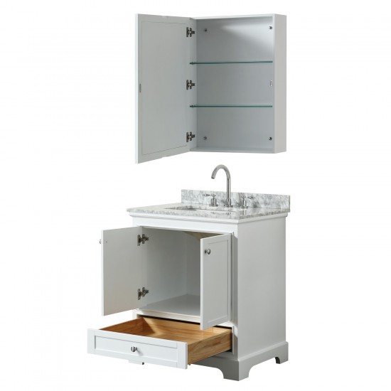 30 Inch Single Bathroom Vanity in White, White Carrara Marble Countertop, Sink, Medicine Cabinet