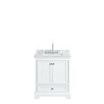 30 Inch Single Bathroom Vanity in White, White Carrara Marble Countertop, Sink, No Mirror