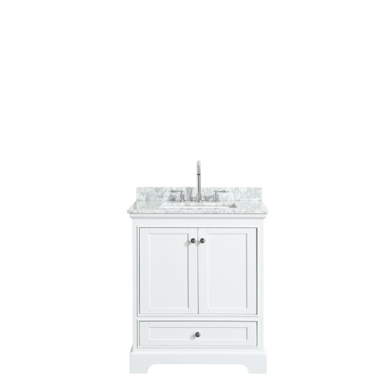 30 Inch Single Bathroom Vanity in White, White Carrara Marble Countertop, Sink, No Mirror