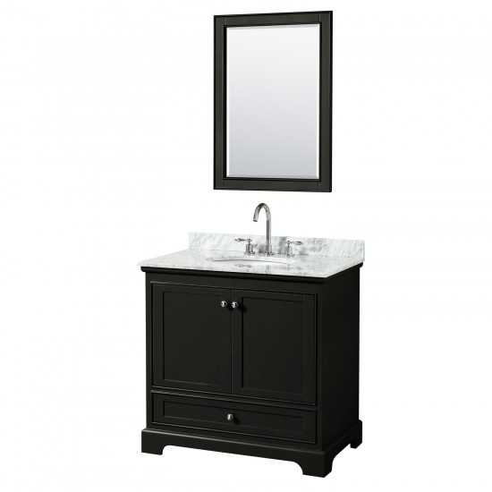 36 Inch Single Bathroom Vanity in Dark Espresso, White Carrara Marble Countertop, Oval Sink, 24 Inch Mirror