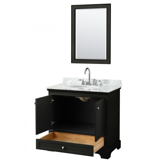 36 Inch Single Bathroom Vanity in Dark Espresso, White Carrara Marble Countertop, Oval Sink, 24 Inch Mirror