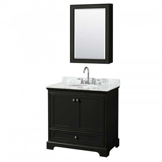 36 Inch Single Bathroom Vanity in Dark Espresso, White Carrara Marble Countertop, Oval Sink, Medicine Cabinet