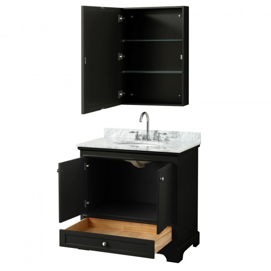 36 Inch Single Bathroom Vanity in Dark Espresso, White Carrara Marble Countertop, Oval Sink, Medicine Cabinet