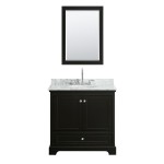 36 Inch Single Bathroom Vanity in Dark Espresso, White Carrara Marble Countertop, Oval Sink, Medicine Cabinet