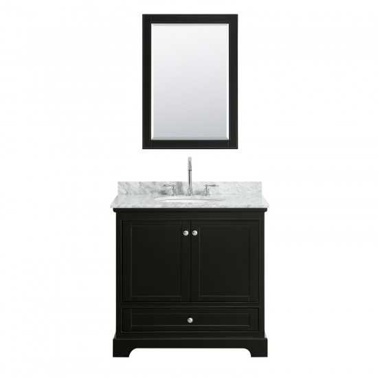 36 Inch Single Bathroom Vanity in Dark Espresso, White Carrara Marble Countertop, Oval Sink, Medicine Cabinet