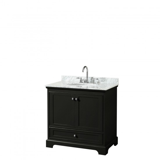 36 Inch Single Bathroom Vanity in Dark Espresso, White Carrara Marble Countertop, Oval Sink, No Mirror