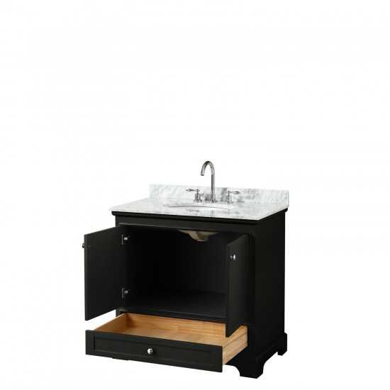 36 Inch Single Bathroom Vanity in Dark Espresso, White Carrara Marble Countertop, Oval Sink, No Mirror