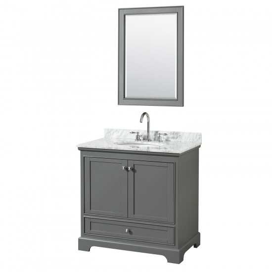 36 Inch Single Bathroom Vanity in Dark Gray, White Carrara Marble Countertop, Oval Sink, 24 Inch Mirror