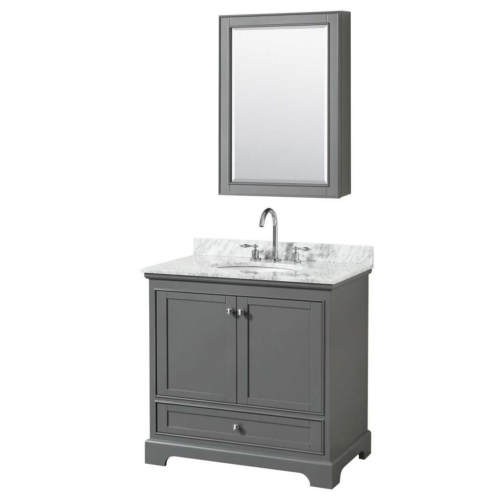 36 Inch Single Bathroom Vanity in Dark Gray, White Carrara Marble Countertop, Oval Sink, Medicine Cabinet