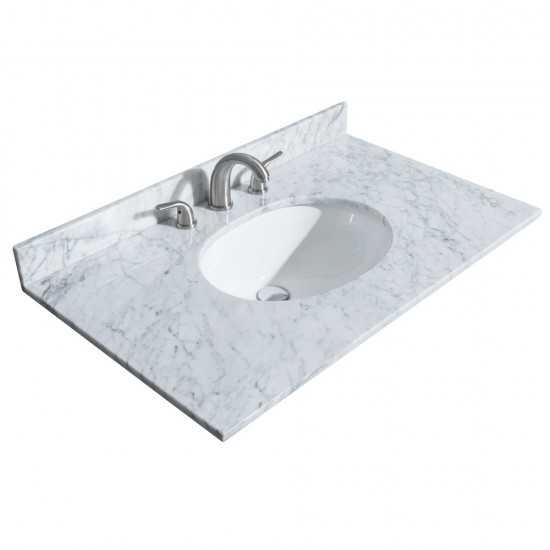 36 Inch Single Bathroom Vanity in Dark Gray, White Carrara Marble Countertop, Oval Sink, Medicine Cabinet