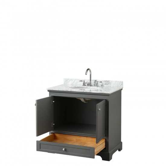 36 Inch Single Bathroom Vanity in Dark Gray, White Carrara Marble Countertop, Oval Sink, No Mirror