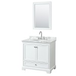 36 Inch Single Bathroom Vanity in White, White Carrara Marble Countertop, Oval Sink, 24 Inch Mirror