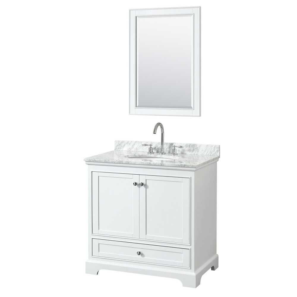 36 Inch Single Bathroom Vanity in White, White Carrara Marble Countertop, Oval Sink, 24 Inch Mirror