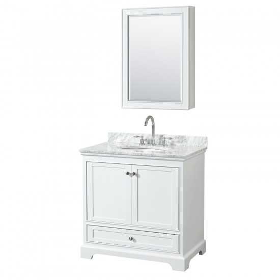 36 Inch Single Bathroom Vanity in White, White Carrara Marble Countertop, Oval Sink, Medicine Cabinet