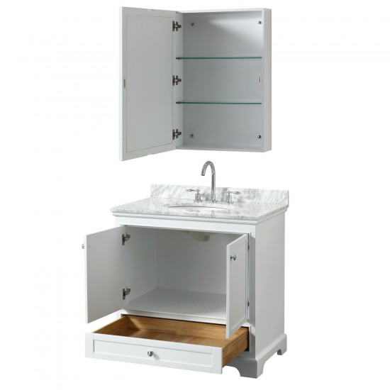 36 Inch Single Bathroom Vanity in White, White Carrara Marble Countertop, Oval Sink, Medicine Cabinet