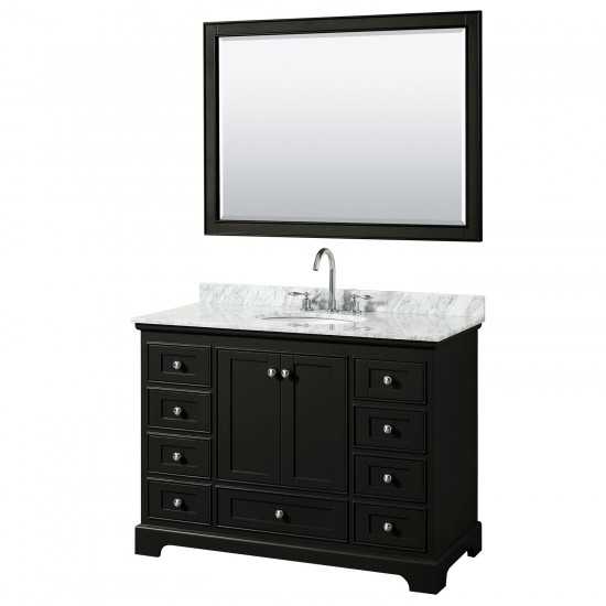 48 Inch Single Bathroom Vanity in Dark Espresso, White Carrara Marble Countertop, Oval Sink, 46 Inch Mirror