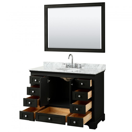 48 Inch Single Bathroom Vanity in Dark Espresso, White Carrara Marble Countertop, Oval Sink, 46 Inch Mirror